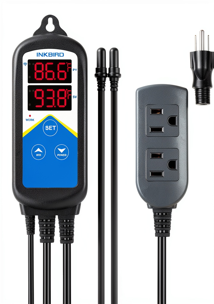 Inkbird 306A temperature controller mounted on a hook near an aquarium