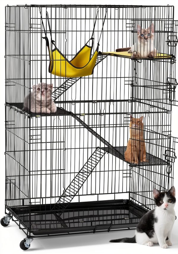 Yaheetech 49'' Collapsible Cat Cage 4-Tier Metal Cat Kennel Ferret Enclosure Chinchilla Cage with Rotating Casters/Ramp/Ladders/Hammock for Indoor Kitten-0