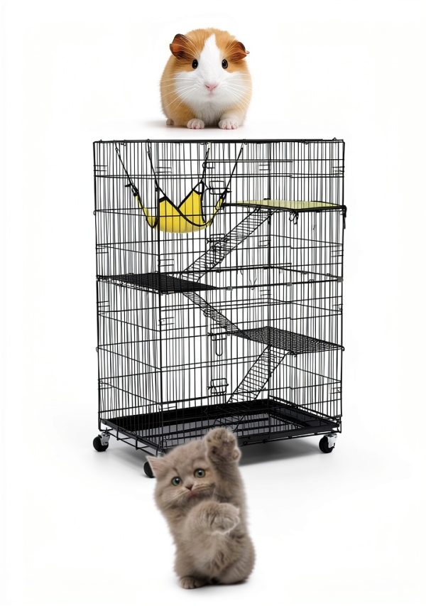 Yaheetech 49'' Collapsible Cat Cage 4-Tier Metal Cat Kennel Ferret Enclosure Chinchilla Cage with Rotating Casters/Ramp/Ladders/Hammock for Indoor Kitten-2