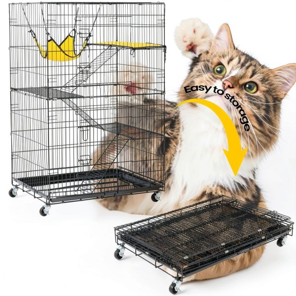 Yaheetech 49'' Collapsible Cat Cage 4-Tier Metal Cat Kennel Ferret Enclosure Chinchilla Cage with Rotating Casters/Ramp/Ladders/Hammock for Indoor Kitten-7