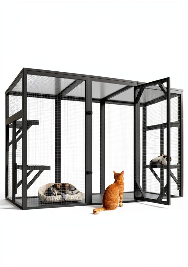 Outdoor Cat House, 71" Catio Outdoor Cat Enclosure, Large Cat Patio Enclosure for Multiple Cats, Weatherproof Cattio for Cats Outside, Wood Frame, Easy Assembly for Backyard, Grey-0