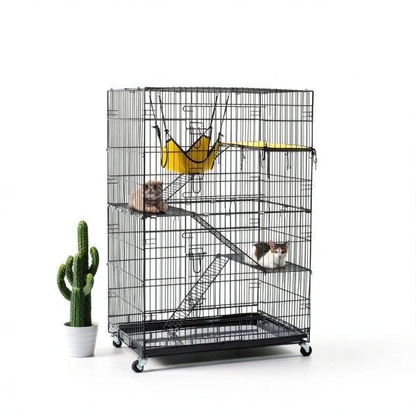 Yaheetech 49'' Collapsible Cat Cage 4-Tier Metal Cat Kennel Ferret Enclosure Chinchilla Cage with Rotating Casters/Ramp/Ladders/Hammock for Indoor Kitten-1