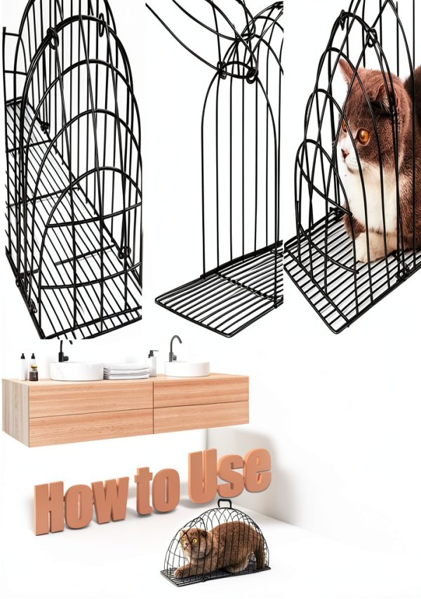 Escape-Proof Metal Cat Bathing Cage,Scratch-Resistant Grid,Dual Doors,Portable Shower Cage with Carry Handle for Small Cats (Small)-4
