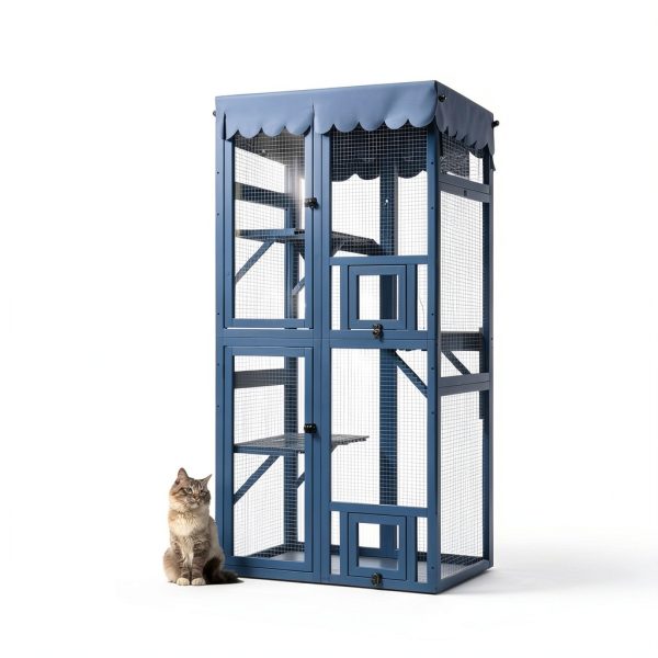 Veehoo Catio Outdoor Cat Enclosure, 63" Cat Outdoor Enclosure Window Access, Large Wooden Indoor Cats Patio Cage with Weatherproof Tarp Roof-6