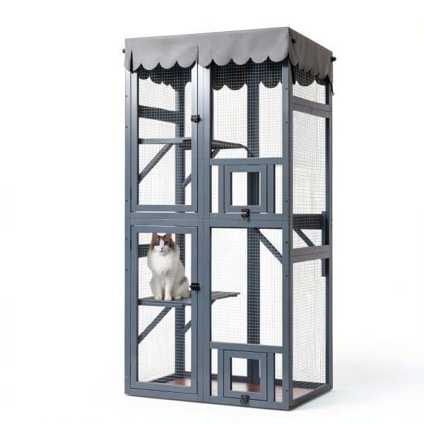 Veehoo Catio Outdoor Cat Enclosure, 63" Cat Outdoor Enclosure Window Access, Large Wooden Indoor Cats Patio Cage with Weatherproof Tarp Roof-0