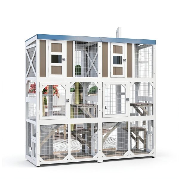 Large Wooden Catio Enclosure Ketive 64" Gray with Wheels 3 Platforms-6