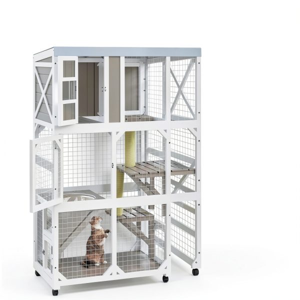 Large Wooden Catio Enclosure Ketive 64" Gray with Wheels 3 Platforms-2