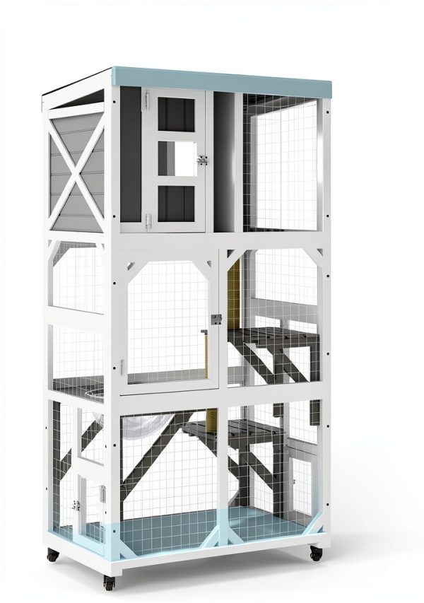 Large Wooden Catio Enclosure Ketive 64" Gray with Wheels 3 Platforms-1