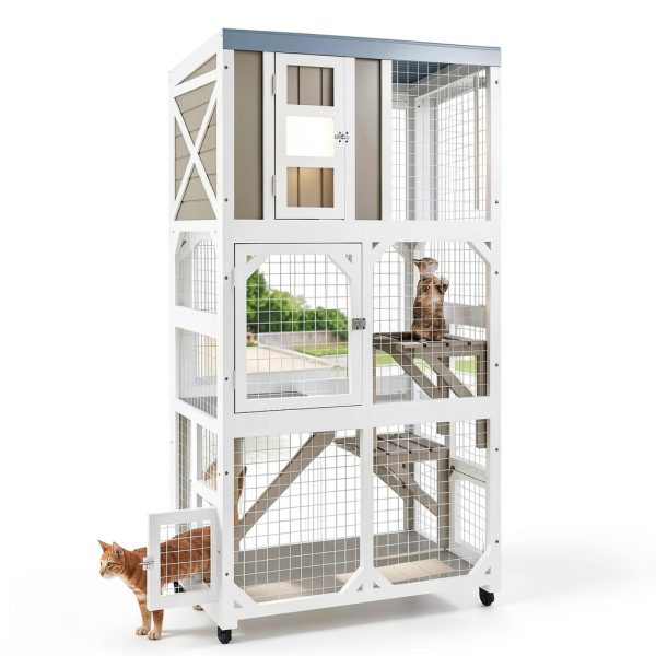 Large Wooden Catio Enclosure Ketive 64" Gray with Wheels 3 Platforms-0