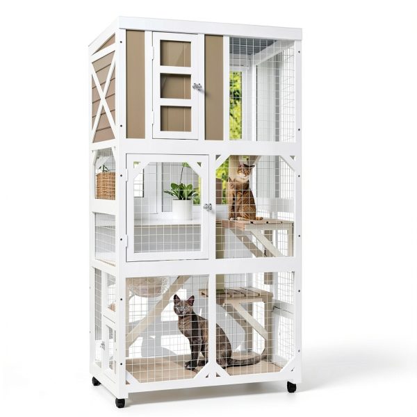 Large Wooden Catio Enclosure Ketive 64" Gray with Wheels 3 Platforms-5