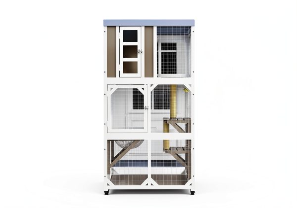 Large Wooden Catio Enclosure Ketive 64" Gray with Wheels 3 Platforms-4
