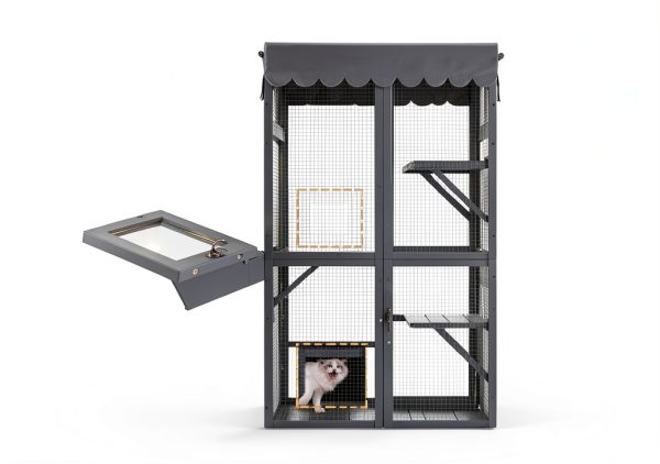 Veehoo Catio Outdoor Cat Enclosure, 63" Cat Outdoor Enclosure Window Access, Large Wooden Indoor Cats Patio Cage with Weatherproof Tarp Roof-1