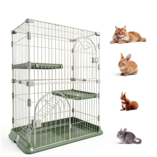 Cat Cage 2-Tier Indoor Cat Enclosure with Widen Bottom Buckle & Reinforced Locking Clamps DlY Cat Playpen for 1-2 Cats & Small Pets,30" Lx 20" W X 35" H (Green, Two-Tier35")-1