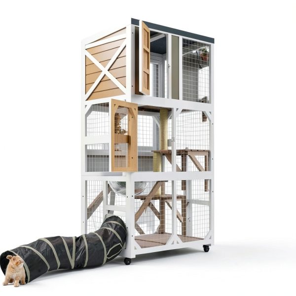 Large Wooden Catio Enclosure Ketive 64" Gray with Wheels 3 Platforms-3